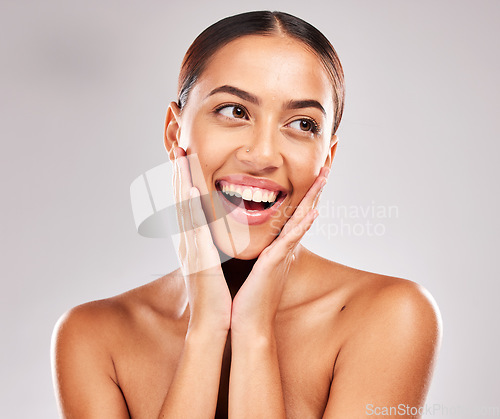 Image of Skincare, beauty and black woman facial glow in studio mockup for natural makeup wellness, healthy shine and youth cosmetics. Girl model happy with face skin care, self love and dermatology results