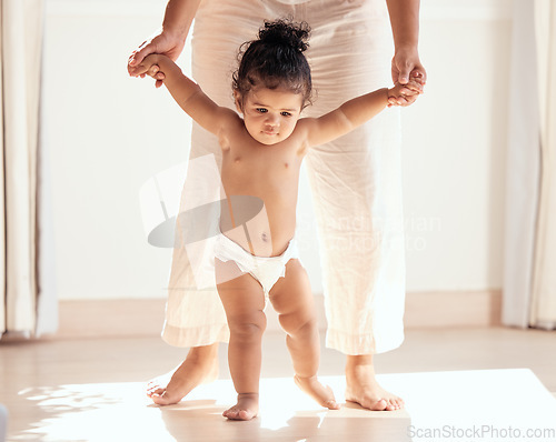 Image of Child development, mother and teaching baby, walking and helping kid for bonding. Love, childhood and mama with toddler, take first steps and growth for learning, loving or happy for movement or care