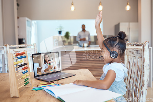 Image of Homeschool, laptop and teacher with kid, for education and teaching in home. Virtual class, educator and female pupil raise hand with digital device, for lesson and elearning subjects in living room.