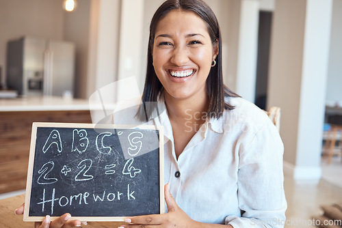 Image of Teacher, blackboard and black woman for homeschool, with smile and relax. Portrait, female educator and happy with chalk on board for teaching, education or homework for training, happiness and draw