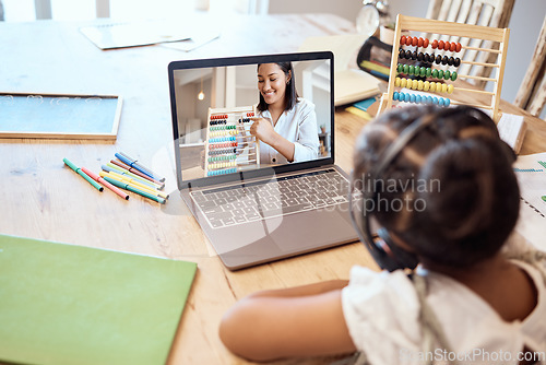 Image of Kid student, study online with laptop and learning mathematics, counting and numbers with digital teacher. Elearning course, abacus and child listening to lecture on headphones on a living room table