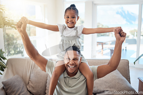 Image of Happy, shoulders and father with girl on sofa for bonding, playing or support together. Airplane, smile and relax with portrait of dad and child in living room of family home for energy, care or time