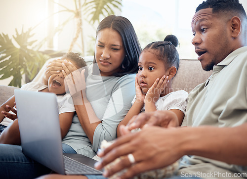 Image of Scary, movie and family cover eyes of children for inappropriate content on laptop screen. Censorship control, entertainment and mom and dad with kids watching horror or shocking film online on sofa