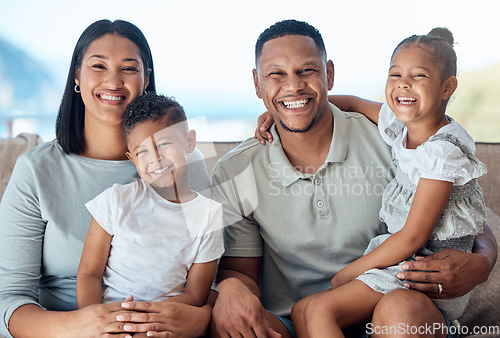 Image of Family, smile and parents with children in portrait, happiness and together in family home. Happy family, bonding and love with care, mother and father relax with kids and spending quality time.