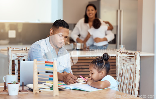 Image of Home education, girl and dad doing math homework, counting exercise and learning numbers on living room table together. Maths homework, child with abacus and help writing in school book for learning
