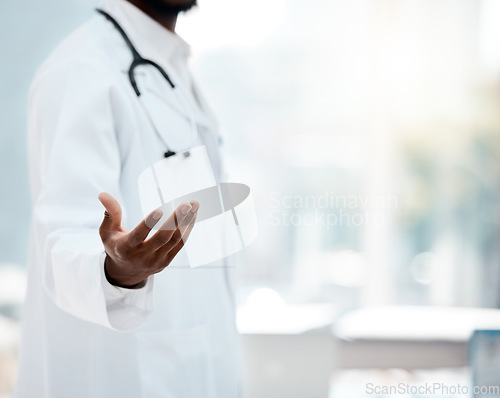 Image of Doctor, helping hand and black man in hospital for healthcare and medicine professional with trust and stethoscope mockup. Help in health care clinic, support and care in medical profession.