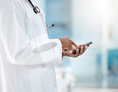 Image of Phone, hands and doctor on a medical app or healthcare website typing or texting hospital research feedback. Digital, internet and health care worker networking online via an email to a patient