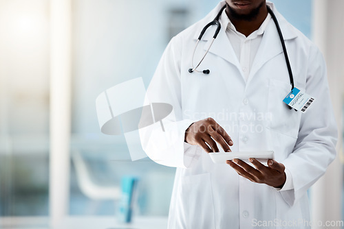 Image of Black man, doctor or hands and digital tablet for hospital test results, surgery planning or research data analysis. Healthcare worker, employee or medical person on technology for life insurance app