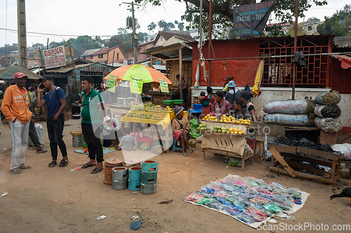 Image of Street fruit vendors sell their goods by the roadside in Antananarivo, Madagascar