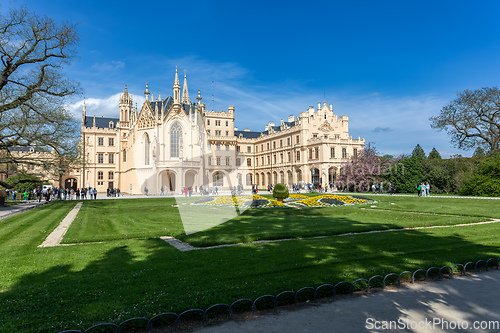 Image of Lednice Chateau with beautiful gardens with flowers, Czech Republic