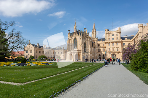 Image of Lednice Chateau with beautiful gardens with flowers, Czech Republic