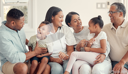 Image of Love, black family and happy together, with smile and bonding for quality time, loving and on sofa. Grandparents, mother and father with children, for happiness and positive to connect and in lounge.