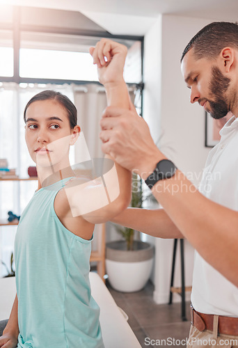 Image of Physiotherapy, stretching and woman with a physiotherapist for rehabilitation, healthcare and muscle performance. Physical therapy, training and patient with a man for a consultation on health