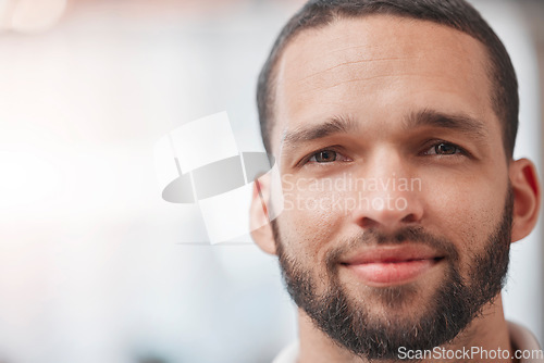 Image of Portrait, man and leader with a space, mockup and vision for the future, advertising and proud against a white background. Face, confident and male leadership, power and small business owner in Qatar