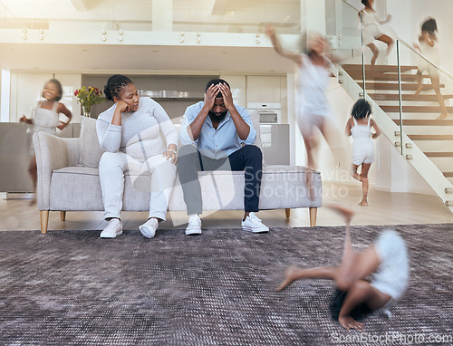 Image of Family, child and parents stress, depressed and frustrated while hyperactive or adhd girl play in the house with energy, noise and running. Man and woman parents feeling burnout with kid at home