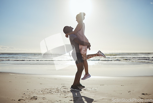 Image of Love, beach sunset and black couple on travel holiday honeymoon for anniversary in Cancun Mexico spring break, summer fun and fitness run. Man, woman and happy relationship romance enjoy morning sun