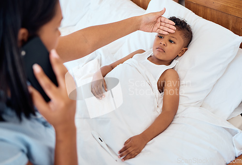 Image of Phone call, healthcare and mother with child in bedroom check for fever for virus, first aid and care. Worry, medical and sick with mom hand on kid forehead in family home for flu, illness or disease