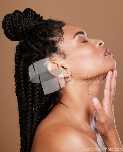 Image of Skincare, hair care and beauty side profile of black woman satisfied with clean braids, facial makeup and natural cosmetics. Salon healthy hair, spa wellness and African model face with self care