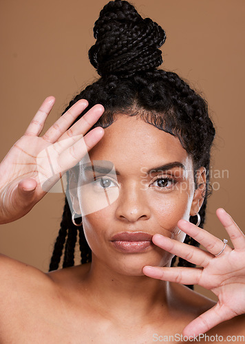 Image of Beauty, skincare and braids with portrait of black woman for hair care, self love and fashion. Cosmetics, makeup and luxury with face of girl model for facial, wellness and salon in studio background