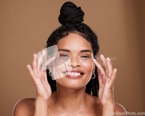 Image of Black woman, face and smile for skincare, makeup or cosmetics against a brown studio background. Portrait of African American female smiling with teeth in satisfaction for cosmetic facial treatment