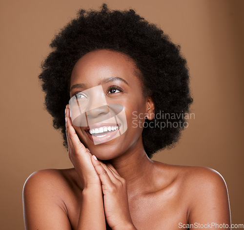 Image of Natural hair, skincare and african woman in studio thinking of beauty, cosmetics or makeup for glow, shine and health. Happy Nigeria, kenya or black woman model face for skin care shine and self love