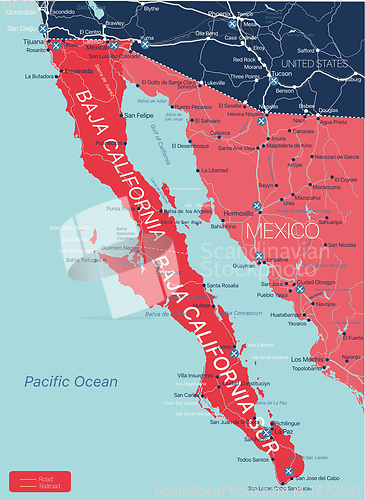 Image of Baja California region detailed editable map