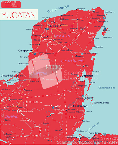 Image of Yukatan peninsula detailed editable map