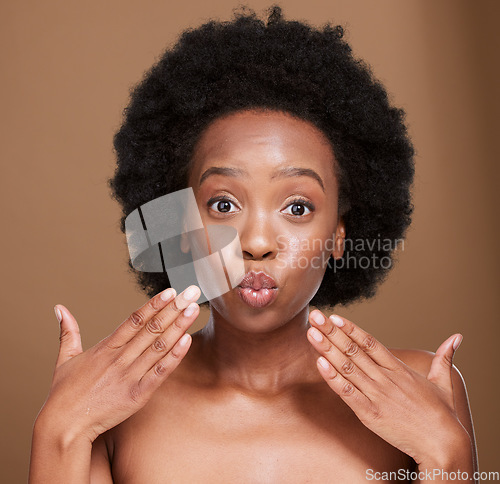 Image of Black woman, beauty and skincare, pout and lips botox and aesthetic cosmetics on studio background. Portrait of young african girl, lip filler and kissing face, plastic surgery and facial treatment