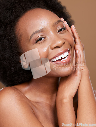 Image of Beauty, skincare and portrait of woman relax in studio for wellness, skin and body care against brown background. Happy, face and black woman smile, happy and product satisfaction after facial mockup