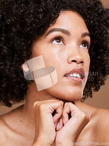 Image of Face, beauty and black woman in studio for skincare, wellness and pamper treatment against a brown background. Facial, girl and model relax with luxury hygiene, grooming and cosmetic, body and care