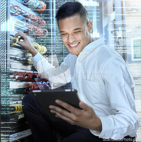 Image of Server room, tablet and programmer man, engineering code and technology for programming, cloud computing and cybersecurity. Digital future, IT technician and digital network in data center connection