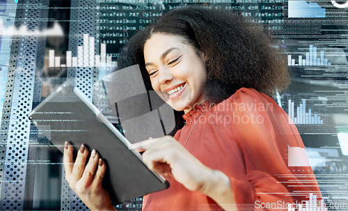 Image of Woman, tablet and futuristic online financial trading with internet connection. Blockchain, hologram and digital tablet with a female accountant using future technology for finance investment
