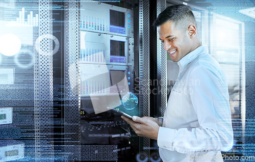 Image of Server, tablet and digital with a man engineer working with hologram technology for programming or it security. Future, computer and innovation with a male research worker busy in a data center
