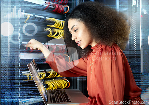 Image of Black woman, laptop and server with internet connection, check cyber security programming and coding information. IT specialist, female programmer and lady working on system admin or cloud computing