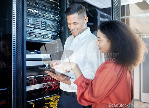 Image of Tablet, IT Programmer or manager planning server maintenance, software upgrade or online app with tech. Man and woman with digital technology working on information technology or digital information