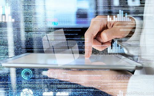 Image of Hologram, tablet and hand of businessperson browsing online for futuristic big data and cloud computing. Hands, digital tablet and man with interface or cybersecurity dashboard for growth information