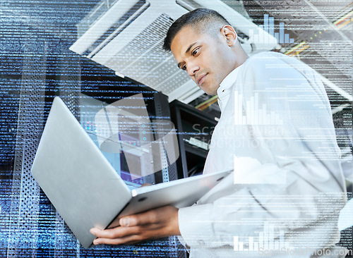 Image of Futuristic, overlay and businessman with a laptop in a server room for ux, fintech and information technology. Coding, technology abstract and programmer working on data analytics and cyber security