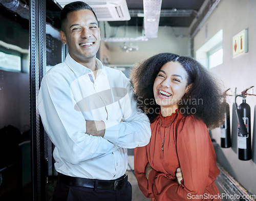 Image of Engineer, cybersecurity and happy team together in a server room or data center for maintenance for cloud computing or information technology system. IT man and black woman, happy about teamwork