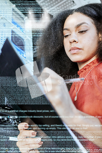 Image of Server, information technology and woman writing on clipboard for analysis of motherboard. Programming, coding text and black woman IT engineer checking database, cyber network and digital software