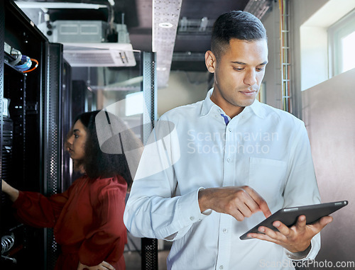 Image of Management, server room and tablet with business people in data center for cloud computing, cybersecurity and hardware network. Technology, internet and it with maintenance employee for innovation