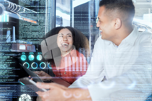 Image of Server, team and tech for hologram repair with a man and woman in a networking server room. Cloud, programmer and cloud computing of engineers using tablet and laptop to fix developer database