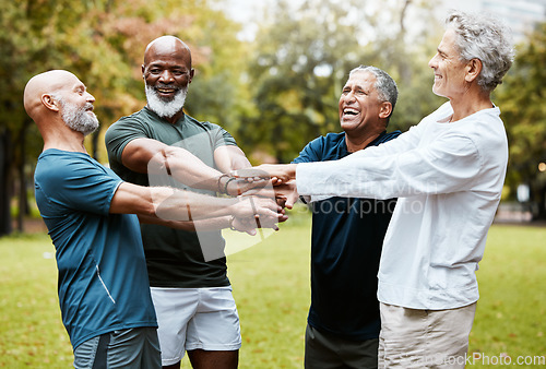 Image of Fitness, exercise and senior men with hands together for motivation, energy and to celebrate achievement and freedom during retirement in nature park. Happy group of friends for workout outdoor