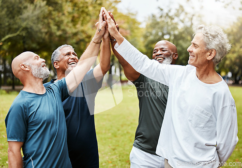 Image of High five, fitness and senior men friends in park for teamwork, exercise target and workout mission together with community support. Elderly group of people with outdoor wellness success hands sign