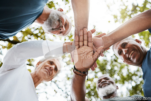 Image of Support, team building and men hands stacked in nature for travel, hiking and adventure during retirement. Community, teamwork and senior friends on a mission during an elderly holiday in Puerto Rico