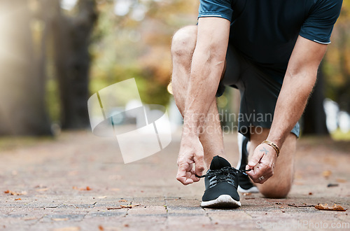 Image of Shoes, fitness and runner with a sports man tying his laces before a run in the park for exercise. Running, training and workout with a male athlete fastening his shoelaces during cardio or endurance