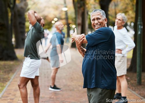 Image of Fitness, friends and stretching with old man in park for training, health and wellness. Retirement, workout and exercise with senior runner and warm up for cardio, endurance and sports together