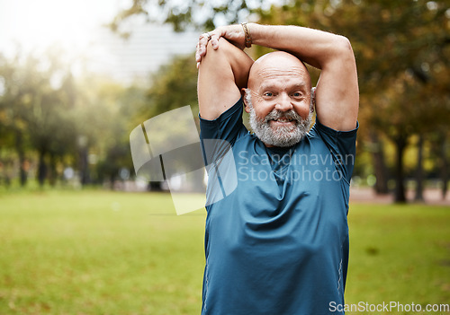 Image of Elderly man, fitness and stretching arms for workout, exercise or training in the nature outdoors. Senior male in wellness for warm up arm stretch at the park for healthy exercising or sports outside