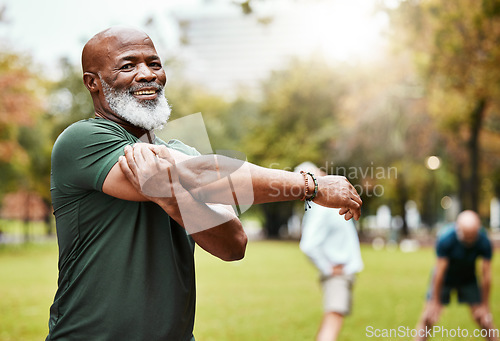 Image of Portrait, stretching and active seniors at a park for training, exercise and cardio wellness. Fitness, arm stretch and friends with senior men relax before workout, happy and together for activity