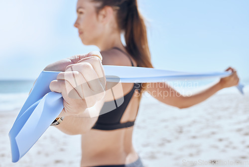 Image of Woman, stretching arms and yoga on beach for active fitness or zen meditation outdoors. Body health, wellness training and exercise workout on ocean sand for healthcare freedom motivation in summer