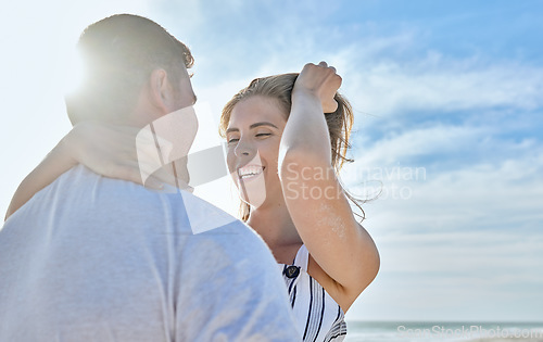 Image of Couple, love and beach vacation with a hug, love and happiness together on a summer blue sky travel destination. Smile, support and care of a man and woman in healthy marriage on Bali holiday